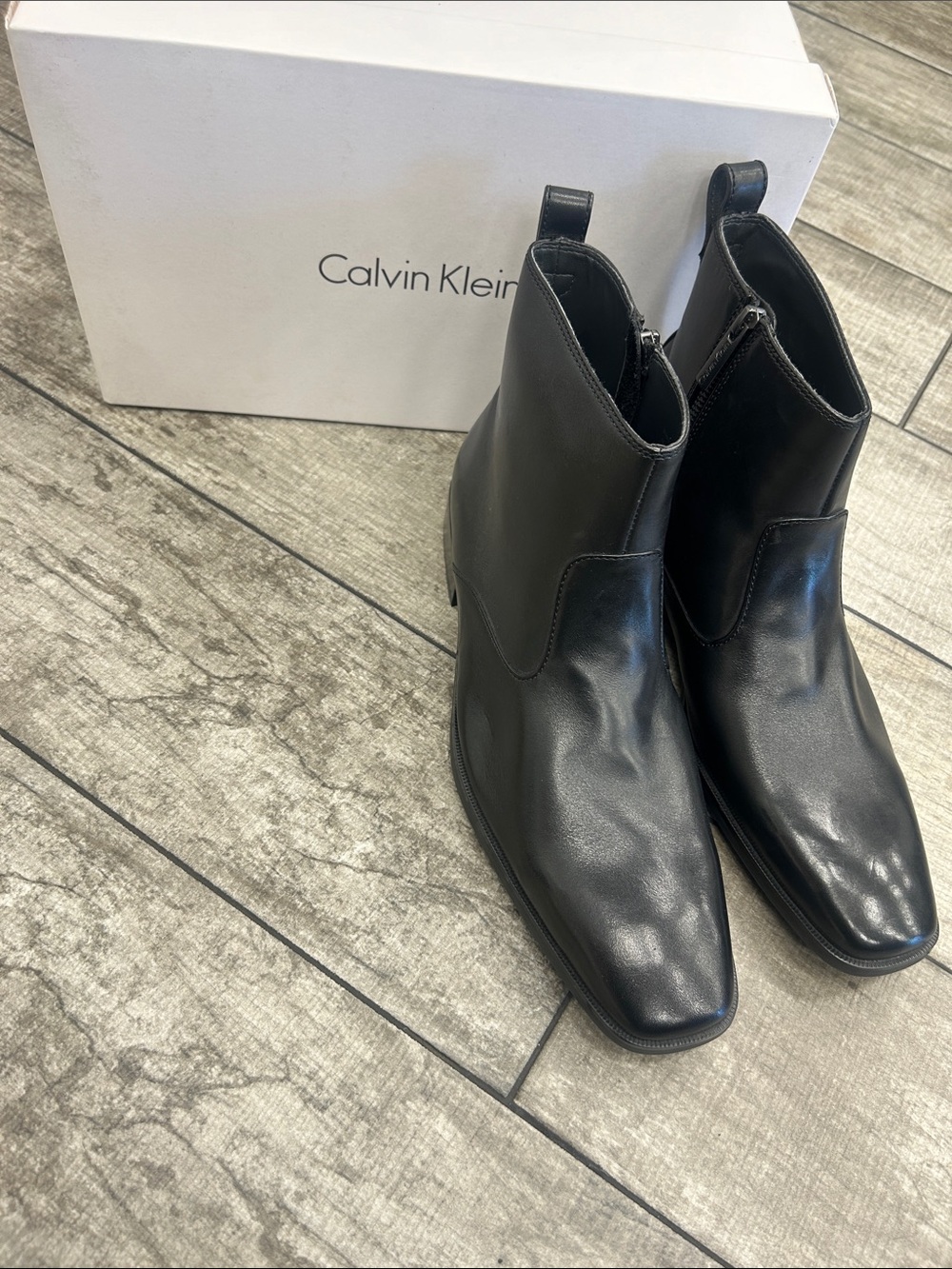 Calvin Klein Men’s Black Leather Zip Ankle Boots New